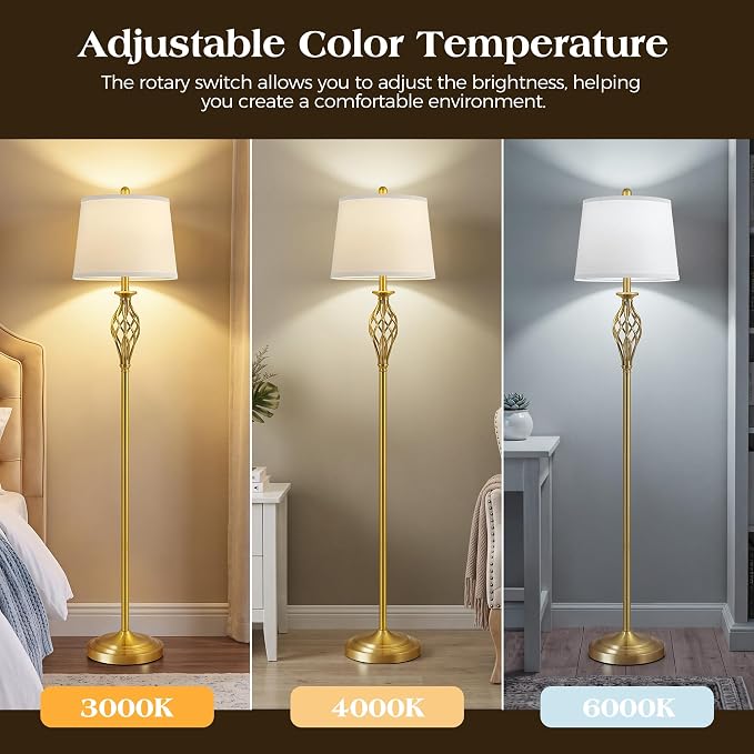 EJIAXIN Floor Lamps for Living Room - 62" Farmhouse Vintage Standing Lamp for Bedroom with Adjustable Color Temperatures,Gold Tall Lamp with Linen Shade,Reading Light for Home Office,Bulb Included
