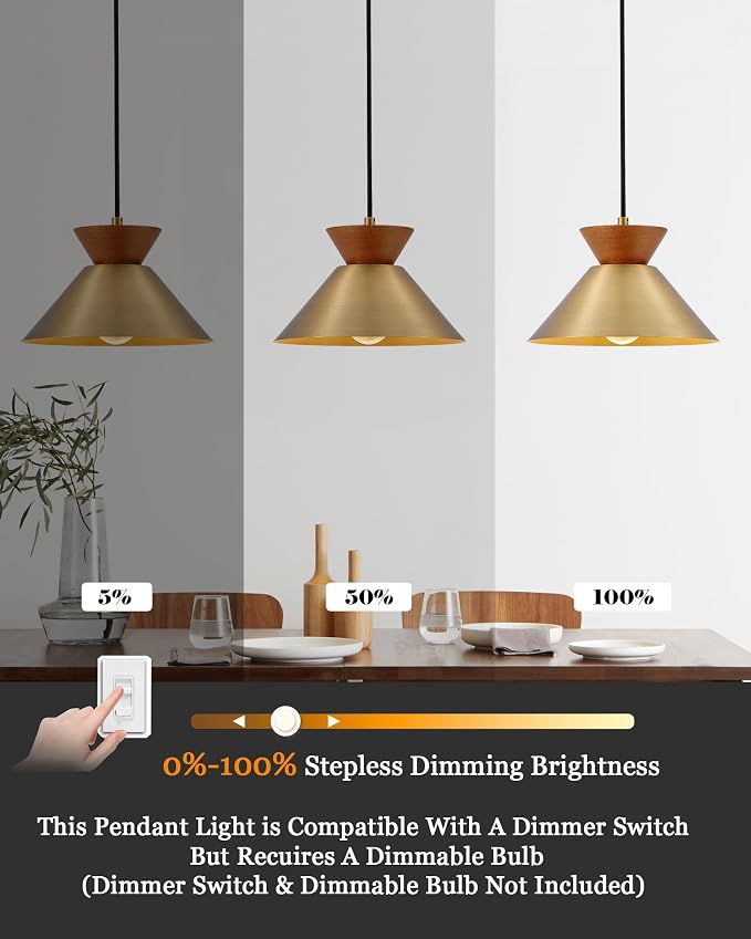 ELYONA Vintage Pendant Light for Kitchen Island, 10" Solid Wood Hanging Lamp with Brushed Brass Metal Shade & Gold Inner Finish, Mid Century Pendant Light Fixtures for Dining Room Bedroom Living Room