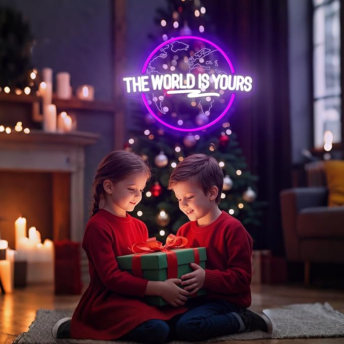 The World Is Yours Neon Sign Dimmable Carved Planet The World Is Yours LED Signs Purple Neon Sign for Bedroom Classroom Man Cave Game Room Birthday Christmas Gifts for Kids