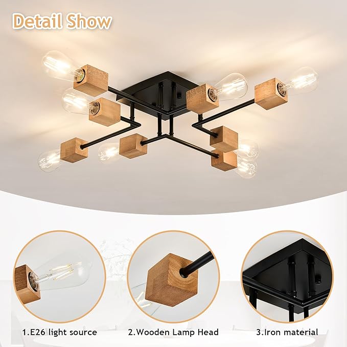 8-Light Modern Black and Wood Sputnik Chandelier Retro Matte Ceiling Light Fixture Boho Ceiling lamp for Kitchen Dining Room Living Room Bedroom Farmhouse
