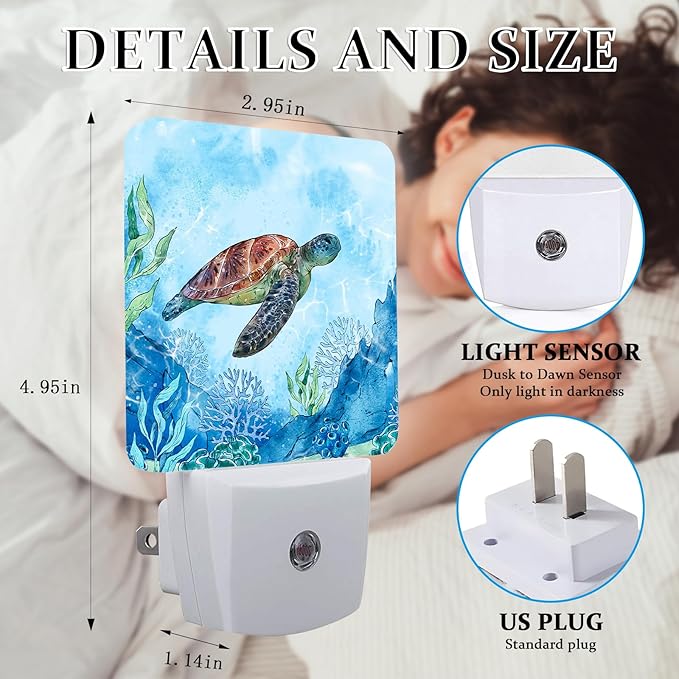 Watercolor Turtle Night Light, Plug-into Wall Nightlight Lamp with Dusk to Dawn Sensor, Led Lamp 0.5W Energy Efficient for Boys Girls Adults Home Decor