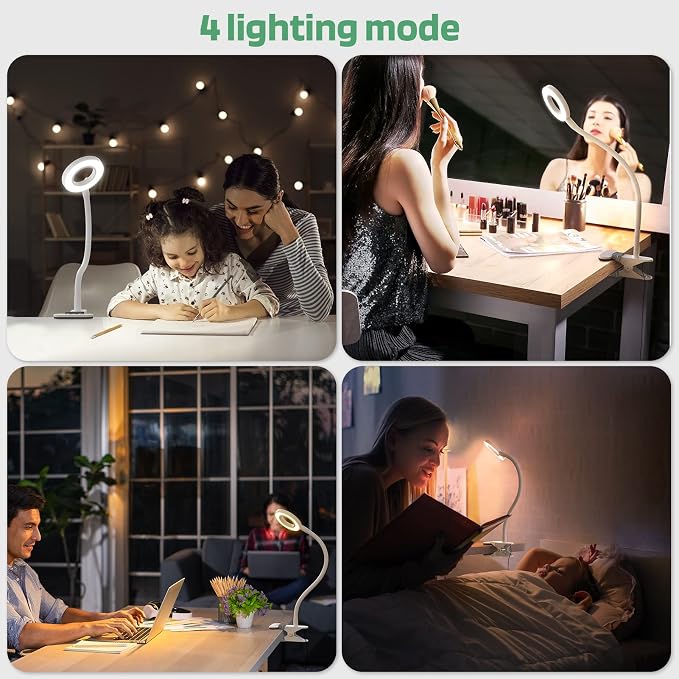 Glorious-LITE Clip on Light 36 LED Eye Caring Reading Light for Bed White | 360° Flexible Gooseneck, With 4 Color Modes, Dimmable Book Light for Bed, Desk, Headboard, USB Powered, With 59inch USB Wires
