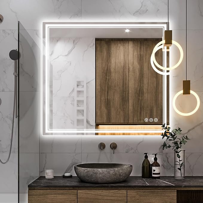 Ratsamee 40x36 Inch Led Mirror for Bathroom with Front Light and Backlit, Bathroom Mirror with Led Lights, Vanity Mirror with Lights for Wall, Anti-Fog, Dimmable, Memory Function, Tempered Glass