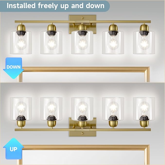 Modern Brushed Gold 5 Light Bathroom Vanity Light,31 inch Vanity Lights for Bathroom with Clear Glass for Mirror Kitchen Living Room Hallway Cabinet Porch