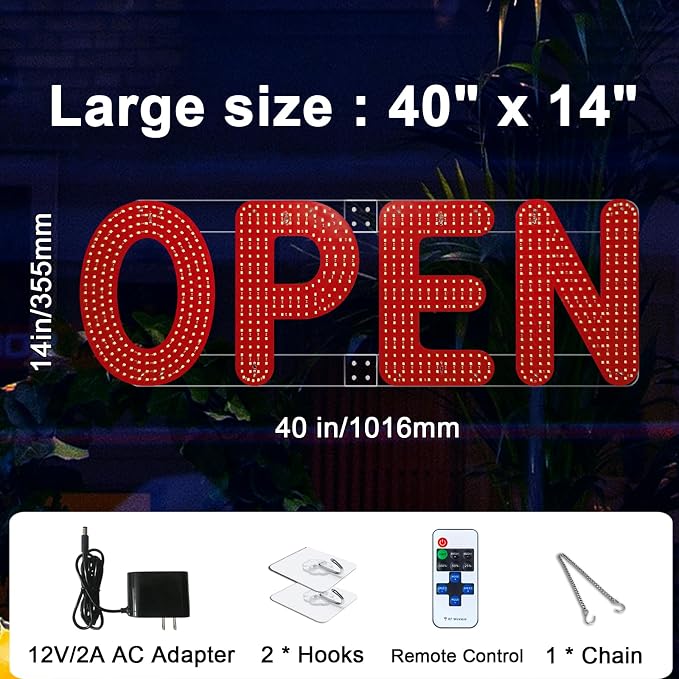 40"x14" Open Sign, LED Open Sign for Business with Remote Control, Ultra Bright Dimmable with 3 Scene Modes, Large Illuminated Sign for Storefront Window, Cafe, Bar, Restaurant, Salon (Cool White)