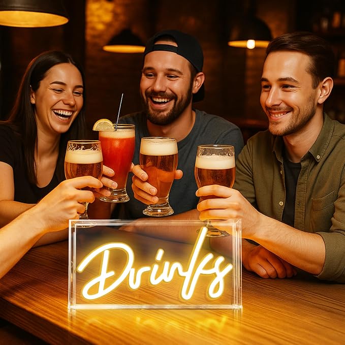 Drinks Neon Sign, Drinks Signs USB LED Desk Lightbox with ON/OFF Switch, Light Up Sign for Table Decor, Home Bar, Kitchen, Club, Pub, Restaurant Wall Decor & Bar Cart Accessories (Warm White)