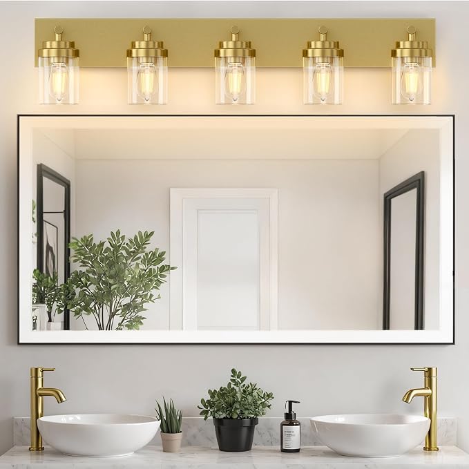 IZORRO Bathroom Vanity Light Fixture, 5-Light 36 Inch Gold Bathroom Light Fixtures Over Mirror, with Clear Glass Shade, Modern Farmhouse Vanity Lights, Rustic Restroom Lighting Fixtures