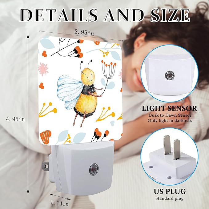Watercolor Bee Night Light, Plug-into Wall Flower Floral Nightlight Lamp with Dusk to Dawn Sensor, Led Lamp 0.5W Energy Efficient for Boys Girls Adults Home Decor