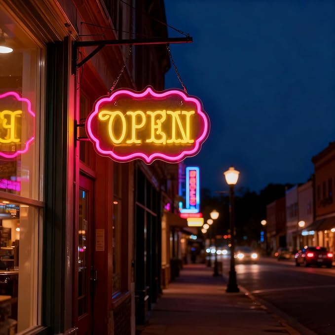 Open Neon Sign Dimmable LED Open Sign Light Shop Cafe Boutique Wall Decor | Ideal for Storefront Windows Studios Restaurants Bars and Events Creating a Welcoming Atmosphere for Customers and Guests