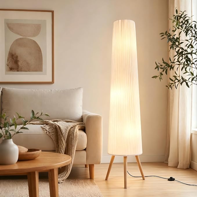 60 Inch Wood Floor Lamp, White Cloth Shade, Color Temperature Adjustable Softlighting Corner Lamp, 3 Bulbs Standing Lamp, Creative Ambient Light for Living Room Bedroom&Office-Bulbs Included