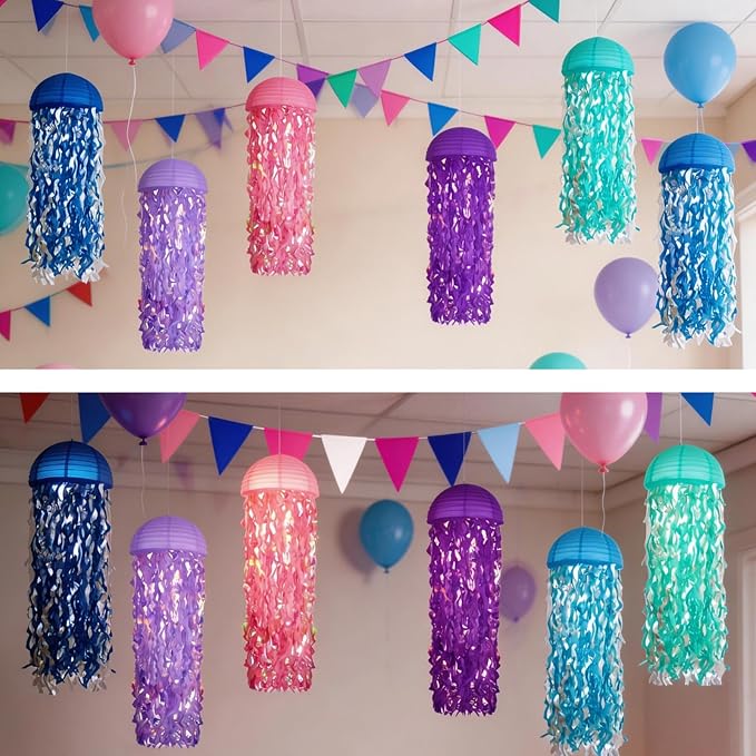 Jellyfish Paper Lanterns with LED Lights Set of 6, Multicolor Dome Hanging Floating Decorations for Under The Sea Party Mermaid Birthday Ocean Classroom Beach Room Aesthetic