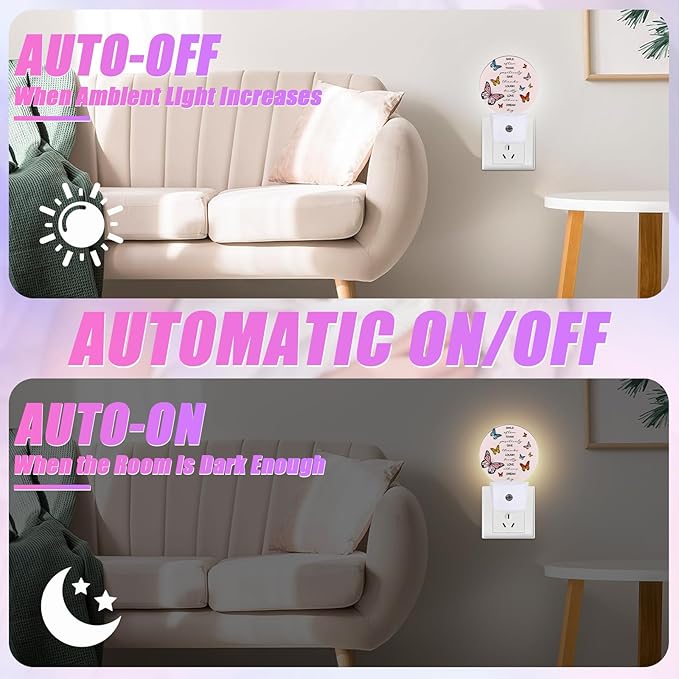 Butterfly Night Light Inspirational Quote Night Lights LED Lamp Round Plug into Wall Nightlight with Dusk to Dawn Sensor Home Hallway Stairway Kitchen Decor