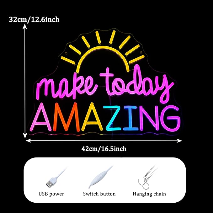 Make Today Amazing Neon Sign Yellow Sunrise Neon Light Inspirational Letter Neon Light Up Sign Boho Wall Art LED Light Sign for Party Birthday Cafe Wedding Gym
