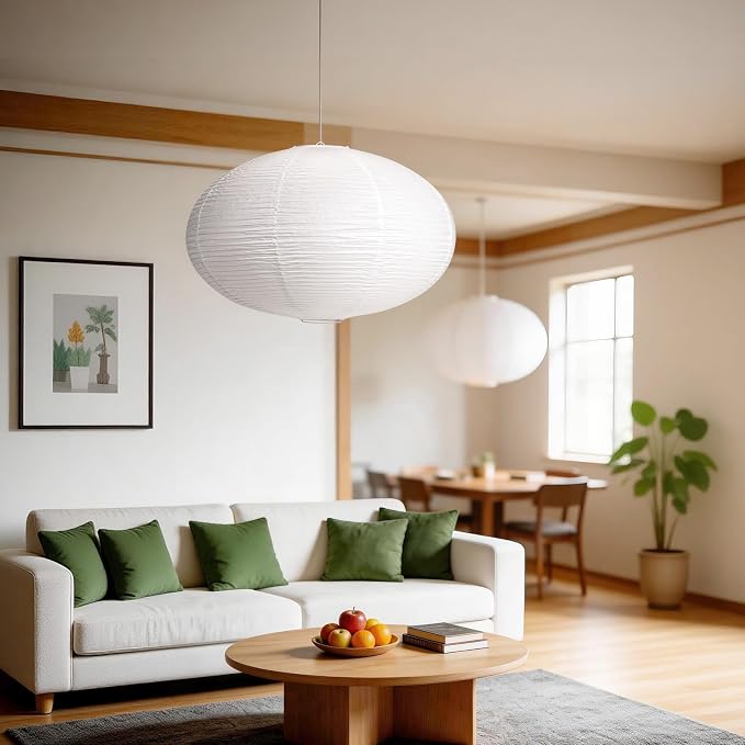 White Paper Lantern, 20-inch Flat Round Lamp Shade | Japanese Style Handmade Hanging Pendant Light Shade for Bedroom, Party and Home Decoration Lighting