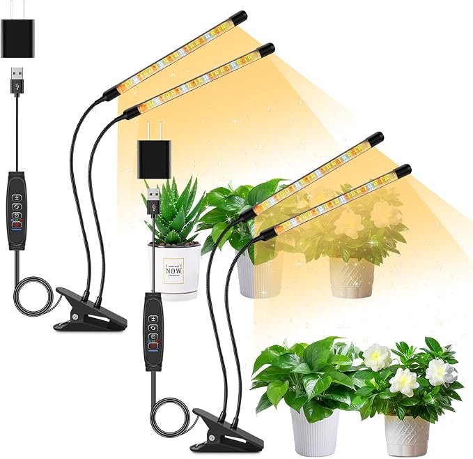 Grow Lights for Indoor Plants, 4 Heads Full Spectrum with Timer | 2 Pack,10ft long USB cable, auto on/off 3/9/12H timer, 10 dimmable brightness, for succulents, herbs & seedlings