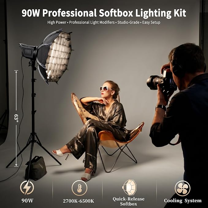 Niceveedi Softbox Lighting Kit, 2700-6500K LED Photography Lighting with 16.5” Quick-Release Softbox/Bowens Mount/Cooling System/Remote/Tripod, 90W Video Light for Video Recording/Streaming/Portraits