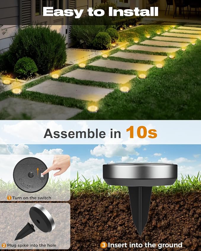 btfarm 10 Pack Solar Lights Outdoor Waterproof, 8 LED Solar Ground Lights | Stainless Steel, Easy-to-Install Flat Solar Disc Lights, Pathway Lights for Garden Lawn Patio Yard Path Landscape, Warm White
