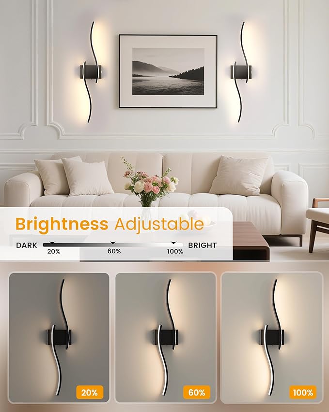 NIORSUN 27.6 Inch Battery Operated Wall Sconce Set of 2, Black Modern Rechargeable Wall Lights with Remote, 3CCT Dimmable Wireless Wall Lamp for Living Room Bedroom Hallway