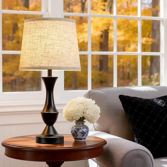 Luvkczc Table Lamp Set of 2, 19" Farmhouse Vintage Bedside Lamps for Living Room & Bedroom, Linen Shade Desk Lamps for Nightstand, Office, Study(Bulb not Included)
