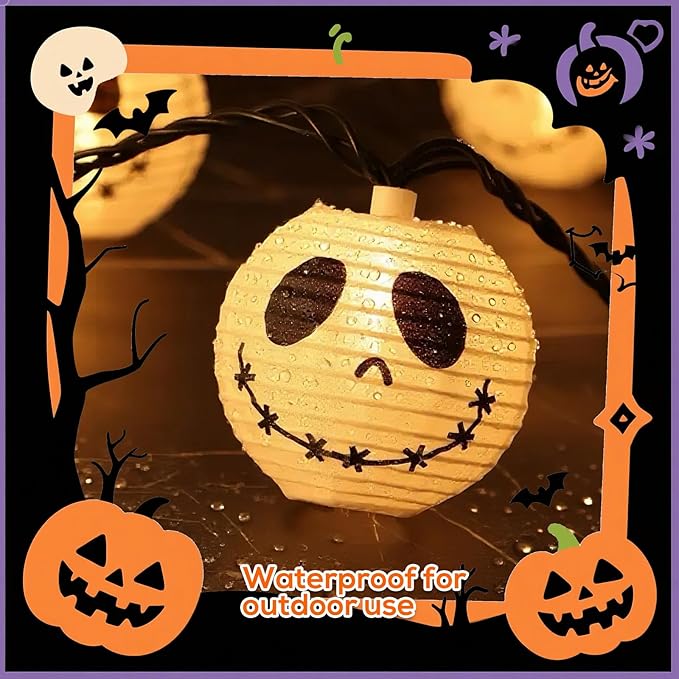 Halloween Decorations Ghost Lantern String Lights Plug in, 10 Pack Ghost Jack Skellington White Lantern Lights with Black Cord, Spooky Lights Outdoor for Halloween Spooky Mantel Decor