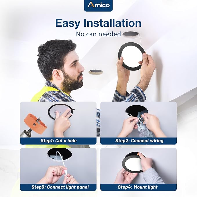 Amico 20 Pack 6 Inch LED Recessed Light with Junction Box, 5CCT, 1050LM | 12W, 2700K-5000K, 5%-100% Dimmable, 120V, Black, Metal Housing, Ultra-Thin Canless Wafer Downlight, ETL, FCC, IC & Damp Rated