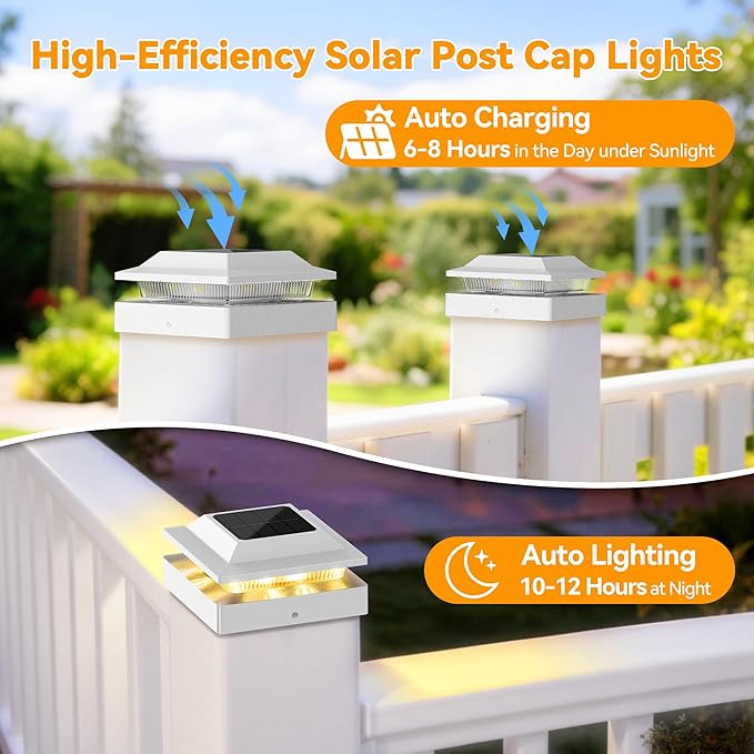 Solar Post Cap Lights for 4x4 Wood/Vinyl Posts, 12 Pack | IP65 Waterproof Fence Post Solar Lights, Outdoor Post Lights with 2 Color Modes Decorate Garden Patio Porch Backyard, White