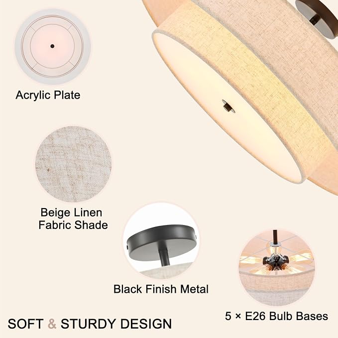 25.6" Black Semi Flush Mount Ceiling Light，5-Light Linen Shade | Large Modern Fabric Drum Light Fixture，E26 Base for Living Room ,Bedroom ,Kitchen ,Dining Room ,Hallway,Closet,Laundry Room