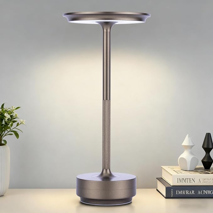 UdoUto Cordless Table Lamp Rechargeable -Coffee | 5000mAh Battery Operated, LED, Touch Stepless Dimming, Portable Metal Outdoor Lamp for Patio, Restaurant