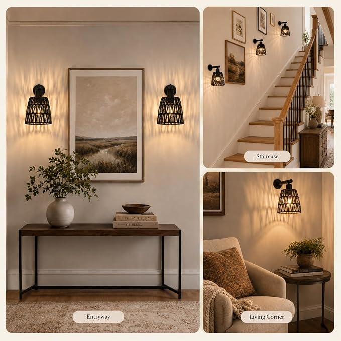 Black Battery Operated Wall Sconces Set of 2, Rattan Wall Sconces with Remote, RGB 15 Colors Dimmable Rechargeable Wall Light, Indoor Wireless Wall Lamp for Bedroom