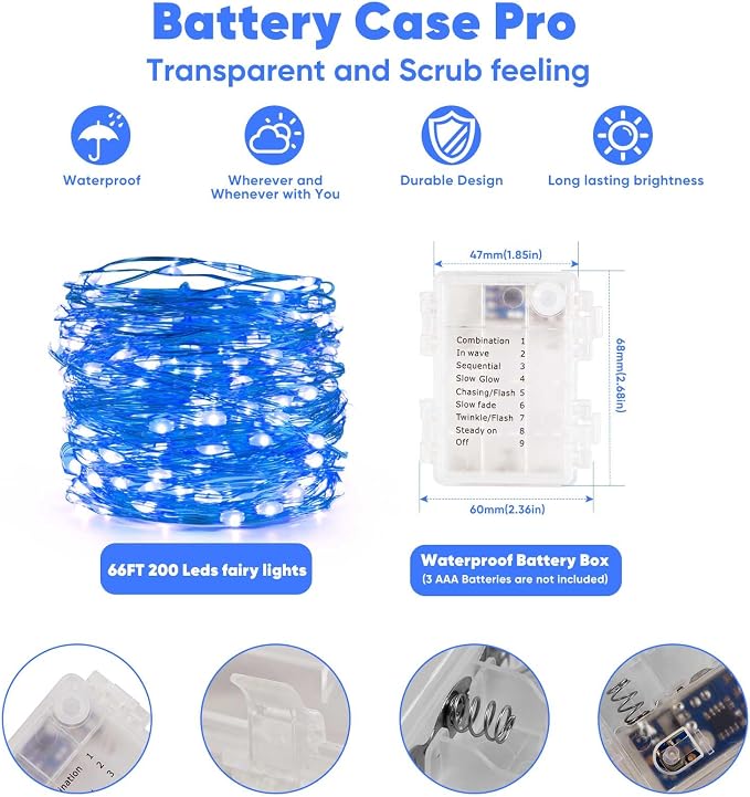 Ariceleo 4 Pack 65.6 Ft. Battery Operated Outdoor String Lights with Remote & Timer, LED Blue Fairy Lights, Waterproof Twinkle Lights for Bedroom, Dorm, Mason Jar, Wedding, Party, Christmas