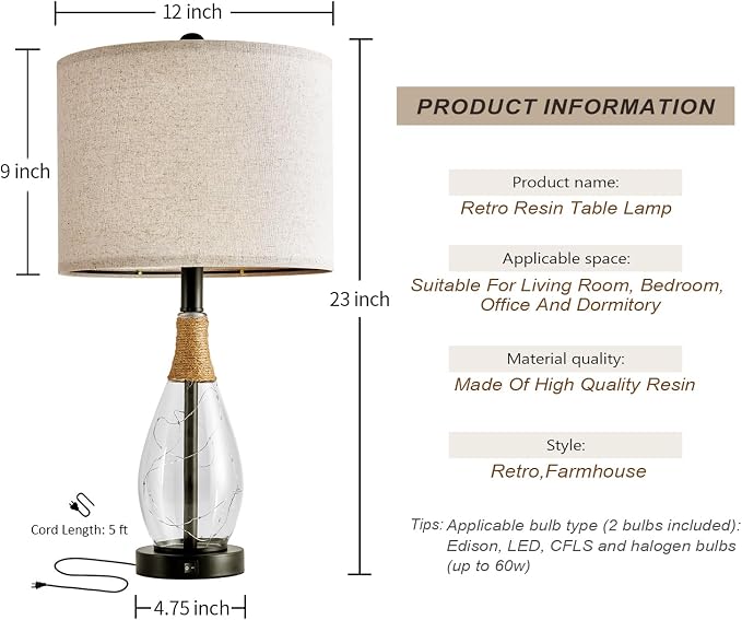 23" Table Lamps for Living Room Set of 2 Bedside Lamps for Night Stands Bedroom Lamps Farmhouse Rattan Boho Lamp Glass Nightlight End Table Lamp with USB C+A (Black),Two Light Points