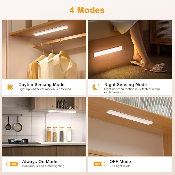 6 Pack 13 inch Under Cabinet Lighting, USB Rechargeable Motion Sensor Light Indoor, Battery Operated Closet Light, LED Cabinet Lights, Stick On Dimmable Under Counter Lights for Kitchen