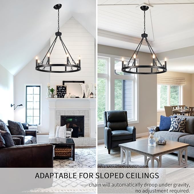 LASENCHOO Round Black Wagon Wheel Chandelier Farmhouse for Dining Room Light Fixture 8 Lights Dia 23.6" Large Wrought Iron Black Chandeliers for High Ceilings Outdoor Entryway Foyer Living Room Porch