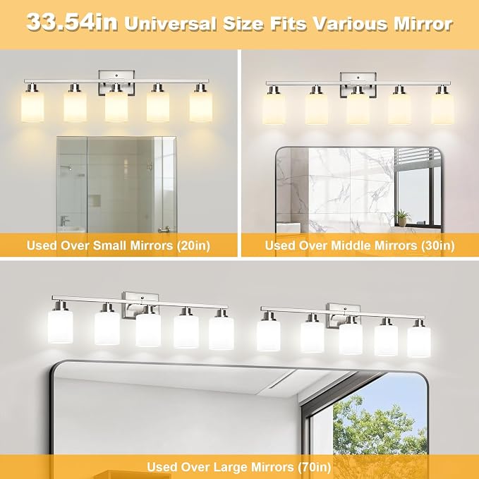 5-Light Bathroom Light Fixtures, Modern Brushed Nickel Vanity Light Over Mirror, Wall Sconces with Milky White Glass Shades for Living Room Bedroom Hallway E26 Base