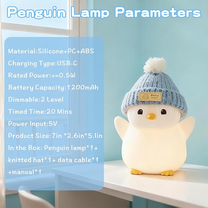 FAMIDUO Pink Penguin Night Light,Cute Penguin Lamp with Hat for Kids/Mom | Squishy Silicone Nursery Nightlight, Rechargeable/Dimmable/Timer,LED Novelty Animal Bedside Light,Funny Gifts for Baby/Boys