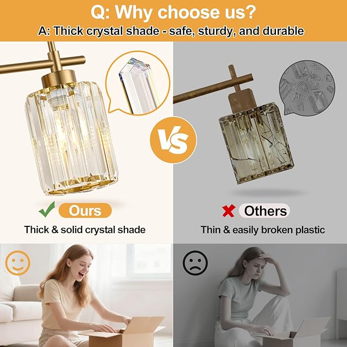 Modern Crystal Bathroom Vanity Light, 4-Light Gold Bathroom Light Fixtures Over Mirror, Crystal Vanity Light with Brushed Gold Finish (Bulbs Not Included)