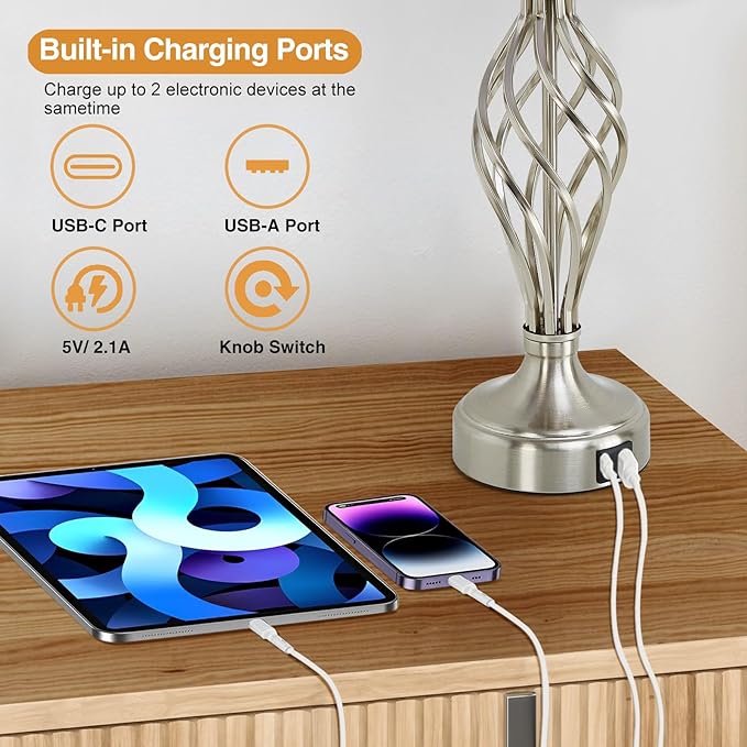 Table Lamp for Bedroom Set of 2 with USB C+A Ports, Modern Bedside Lamps with Spiral Cage Base, White Fabric Shade, Nightstand Lamp for Living Room Reading Bed Side End Table, 2 LED Bulbs Included