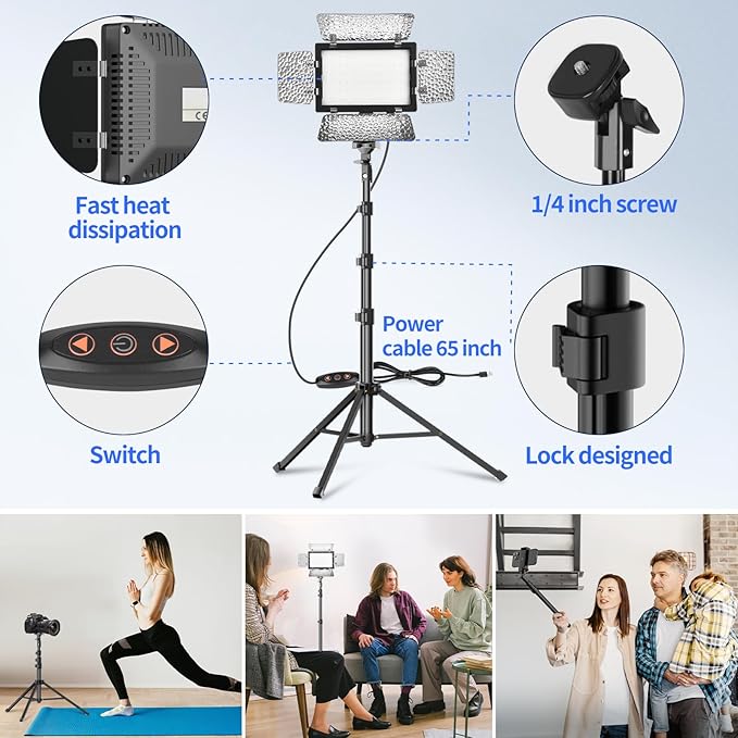 2 Pack LED Video Photography Lighting Kit with 54'' Tripod Stand, Dimmable 5600K USB Studio Lights with Barndoor -9 Color Lighting for Video Recording, Photo Studios, YouTube, TikTok, Game Streaming