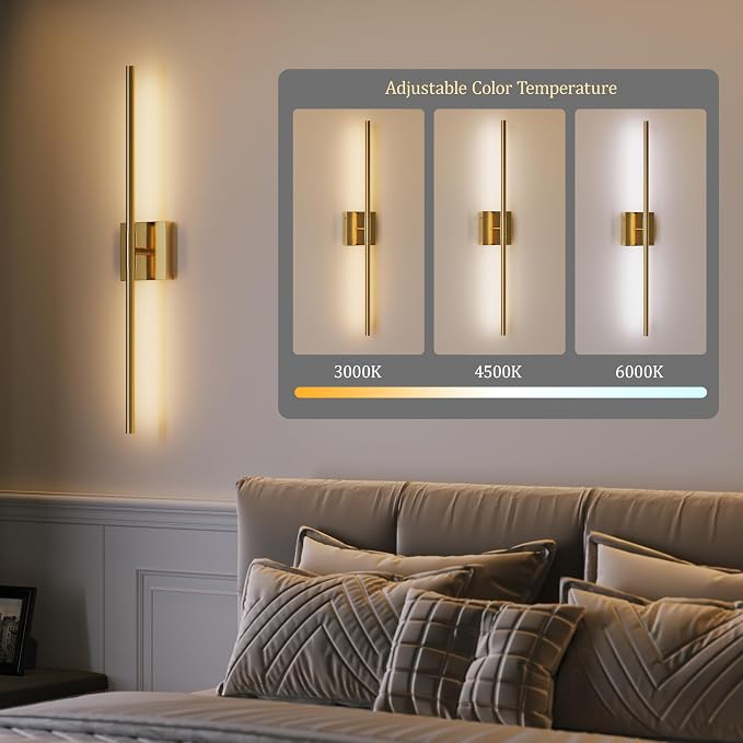 10000mAh Gold Battery Operated Wall Sconces Set of 2, 3 Color Dimmable Rechargeable Wall Light with Remote, 24 Inch Wireless Sconce Wall Lighting with Timer Function for Living Room, Bedroom, TV