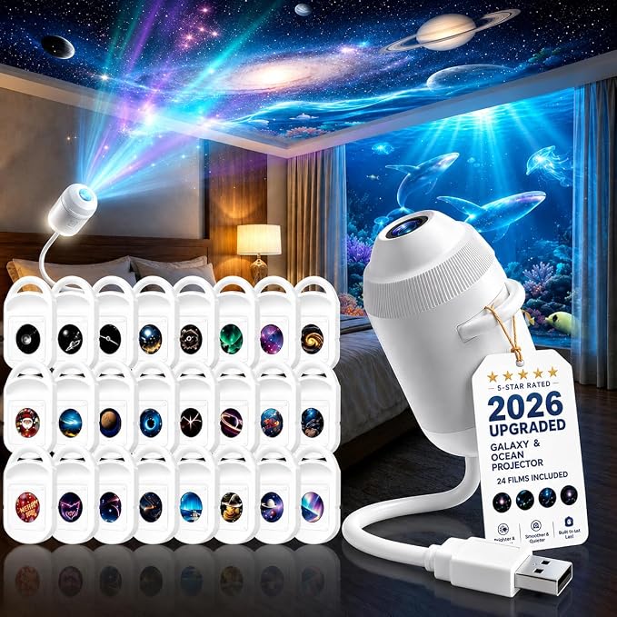 HD Smart Dynamic 5D Holographic Night Light Projector, 2-in-1 HD Plug and Play Galaxy Projector Portable Night Light Projector 360 Rotating USB Powered with 24 Films for Bedroom (24 Films)