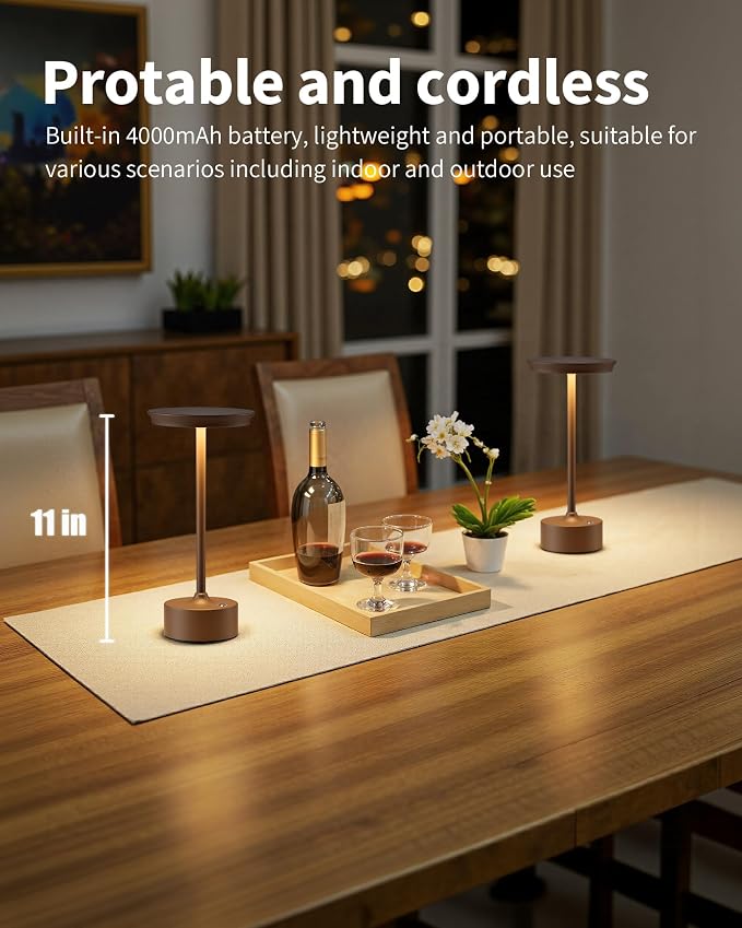 PUSU Rechargeable Table Lamps Set of 2, Brown Cordless Portable Desk Lamp | 4000mAh Battery, Stepless Dimming & 3 Color 2700K-6000K, LED Lamp for Bedroom, Living Room, Restaurant, Outdoor, Night Light