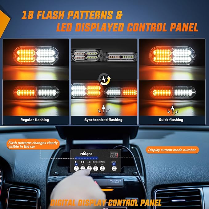 Nilight 8PCS LED Strobe lights 12V Sync Feature Amber White 12 24LED Emergency Hazard Warning Lights with Controller for Cars Trucks RVs Campers, 2 Years Warranty