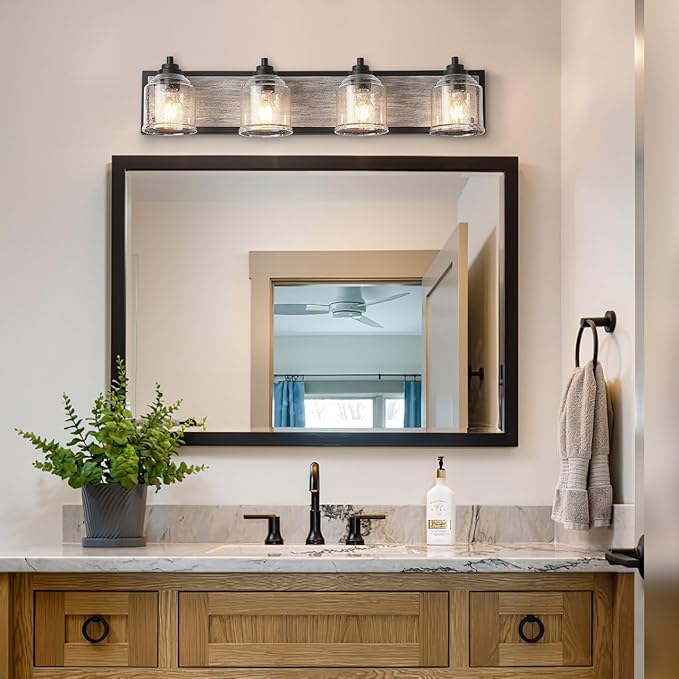 Vanity Lights for Bathroom Large 31.5", Farmhouse Rustic Vanity Light with Bubble Glass Shades, Gray 4 Light Bathroom Lighting Fixtures Over Mirror, Bath Wall Sconce Home Decor