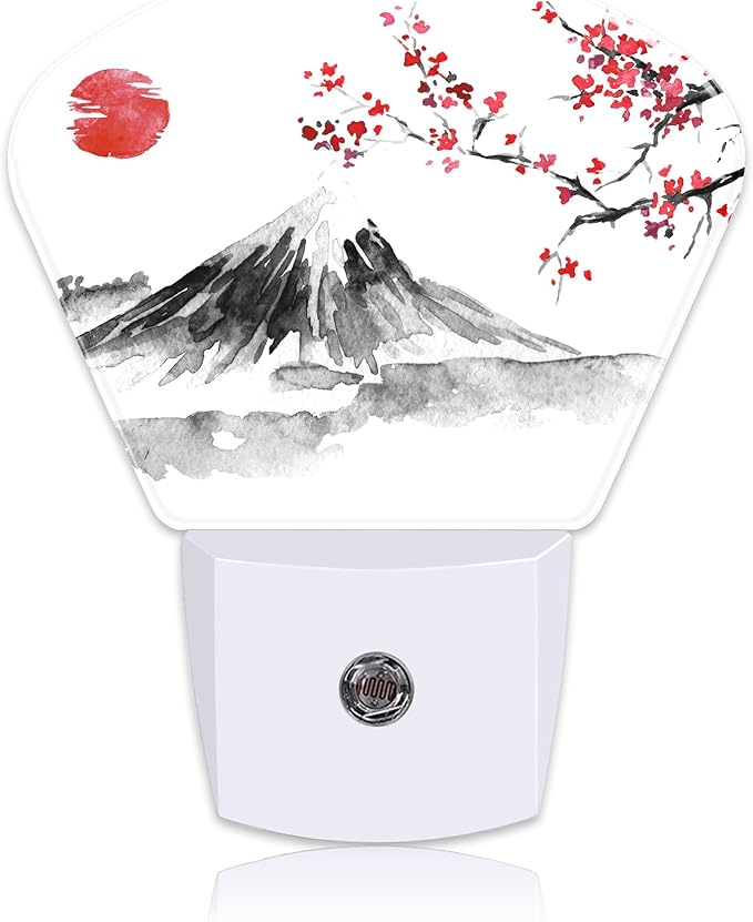 Mountains Ink Painting Night Light Plug into Wall, Cherry Blossom Tree Night Light with Dusk to Dawn Sensor for Kid Girls Boys Women Men Bedroom, Hallway, Kitchen, Bathroom, Stairs Decor