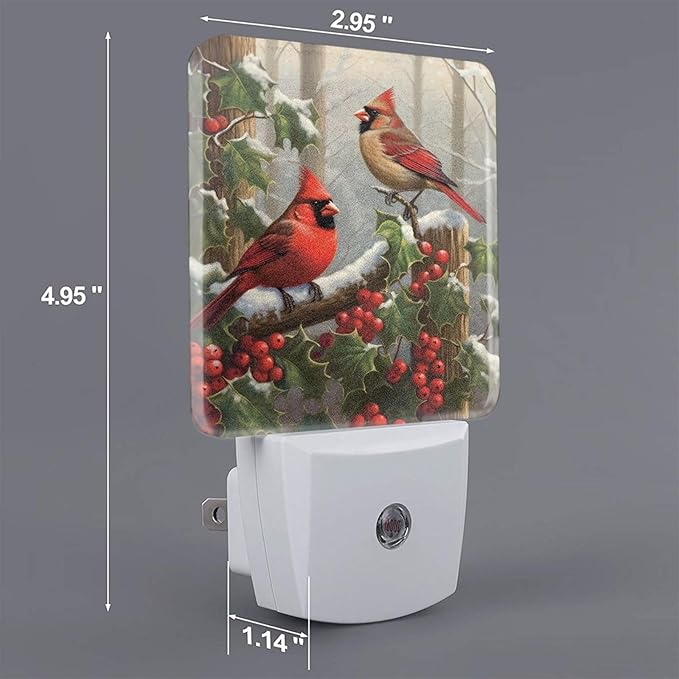 Christmas Red Birds Night Light Set of 2, Winter Snow Auto Sensor LED Dusk-to-Dawn Nightlights, Plug-in Sensor Lamp for Bedroom Bathroom Kitchen Hallway Stairs Decorative