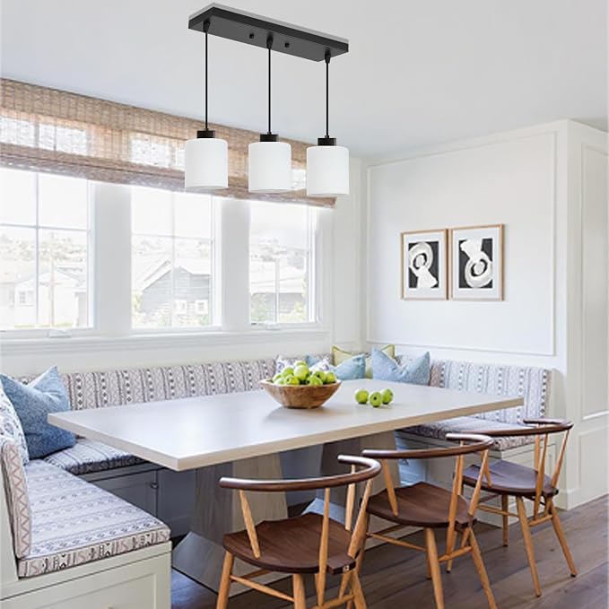 3-Light Pendant Light Fixtures with Milky White Glass, Black Hanging Light Fixture for Ceiling, Adjustable Kitchen Island Light for Dinning Room, Bedroom,Hallway, E26 Base, Bulbs Not Included