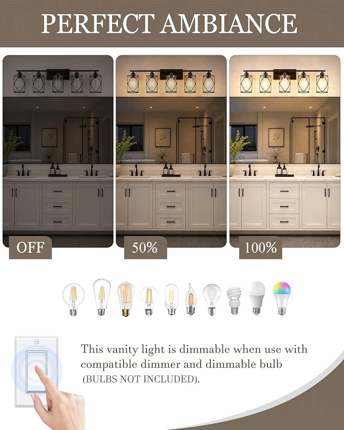 5-Light Oil Rubbed Bronze Bathroom Light Fixtures Over Mirror, 38" UL-Listed Modern Farmhouse Wall Sconce Lights with Clear Glass and Metal Cage for Bath, Hardwire E26, CH9176ORB-5W