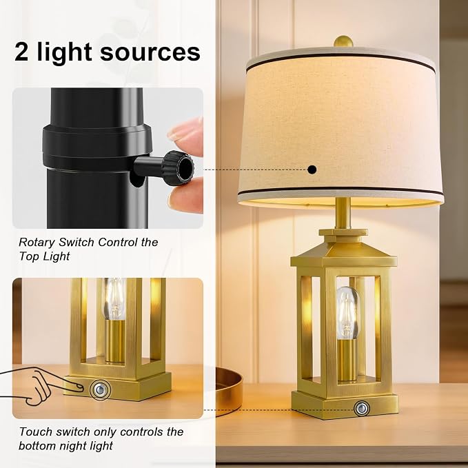24" Table Lamps for Living Room Bedroom Modern Gold Bedside Lamps Set of 2 Nightstand Lamps for Night Stands 3 Way Dimmable Touch Lamp with USB C+A Ports and 2 Light Sources, 4 Bulbs Includes