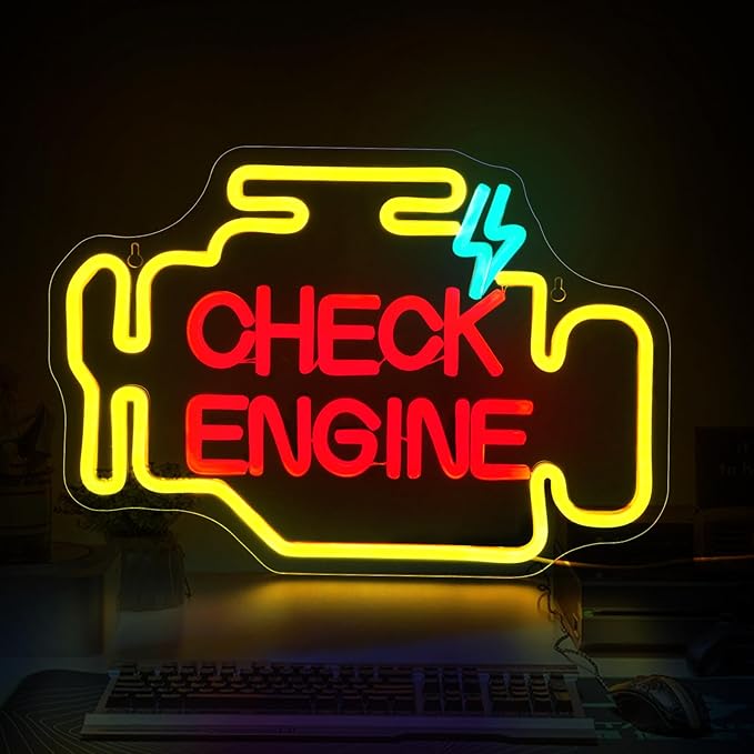 Check Engine Neon Sign, JGHTURIE Man Cave Neon Signs for Wall Decor Garage Car Room Yellow Light Up Sign Auto Repair Workshop Led Signs USB Powered