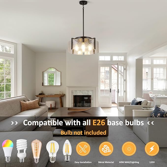 Black Chandelier for Dining Room Light Fixture, 4 Light Glass Entryway Light Fixture, Adjustable Pendant Lights Kitchen Island Modern Farmhouse Kitchen Foyer Chandelier for Entryway, Bedroom, Bathroom